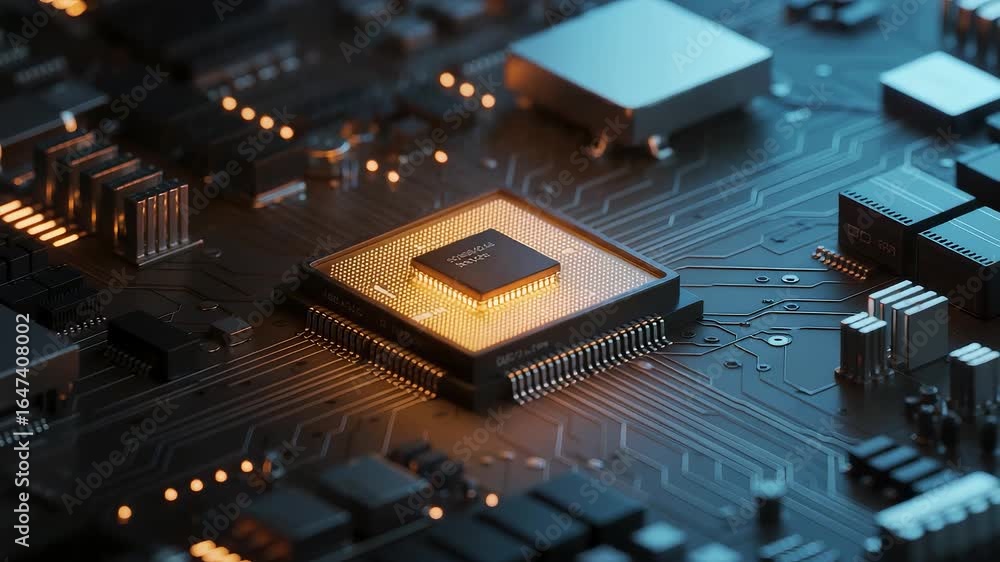 Poster close-up of illuminated central processor unit on modern computer motherboard with intricate electro