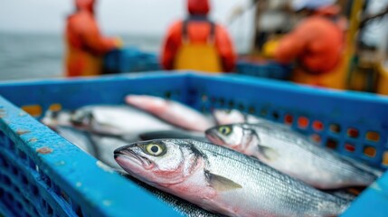 Fishermen in orange gear are busy sorting through crates filled with freshly caught fish. The ocean stretches behind them, reflecting the early morning light
