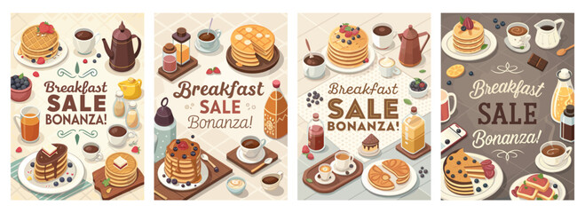 A delightful breakfast sale bonanza featuring colorful pancakes, coffee, and pastries in a cheerful setting.