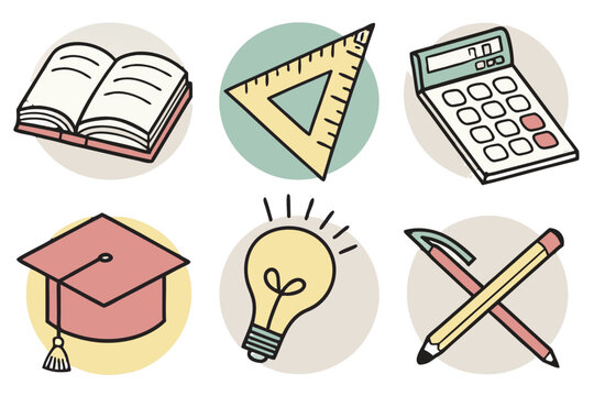 Collection of school and education related icons on a white background