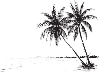 palm trees on the beach engraving outline vector art illustration design, palm tree silhouette, hand drawn beach drawing, line art palm tree, sea, beach, summer view, vintage palm tree on sea beach.