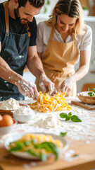 Authentic cooking at home: Authentic cooking at home with couple making pasta with flour, their joyful experience is palpable