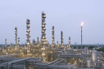 Obraz premium Refinery Plant at Dusk: Industrial Complex with Illuminated Towers and Infrastructure for Energy Production