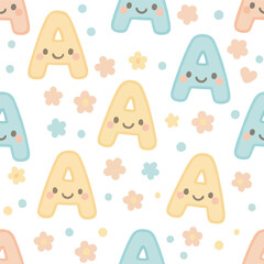 Kawaii Letter A Seamless Repeat Pattern for Kids Fabric Design