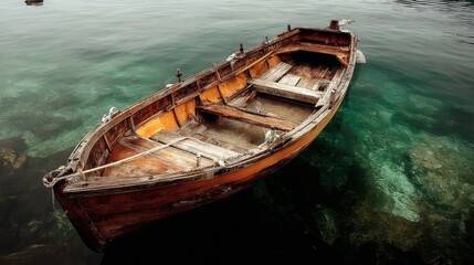 Obraz premium Rustic Wooden Rowboat Floating on Clear Turquoise Water, Representing Tranquility and Maritime Travel