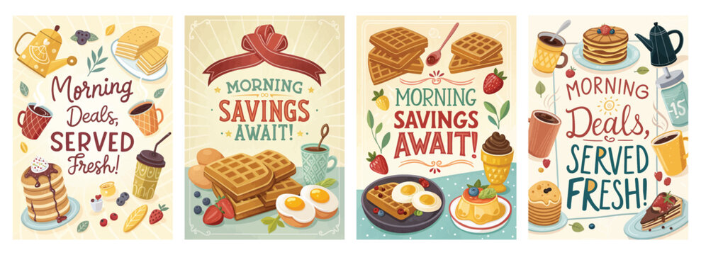 Colorful illustrated breakfast themes promoting morning deals with pancakes, waffles, and eggs.
