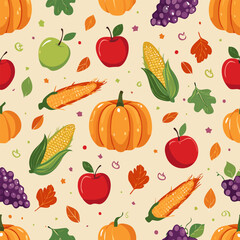 Seamless pattern with pumpkins, apples, grapes, corn, and leaves. Ideal for fall, Thanksgiving, and seasonal designs