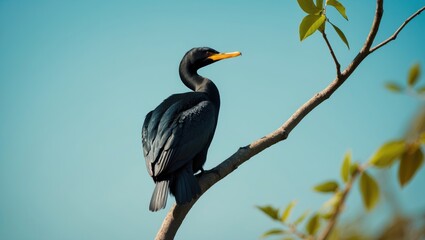 Fototapeta premium A black bird perched on a branch with green leaves against a blue sky background.