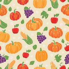 Seamless pattern with pumpkins, apples, grapes, corn, and leaves. Ideal for fall, Thanksgiving, and seasonal designs