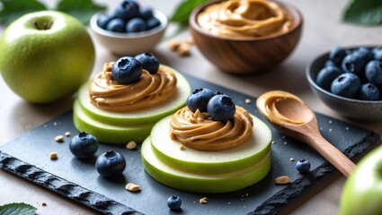 Slices of green apple topped with peanut butter and blueberries, with additional blueberries and peanut butter in bowls on a wooden surface.