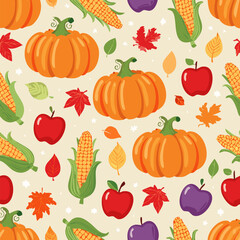 Seamless pattern with pumpkins, apples, grapes, corn, and leaves. Ideal for fall, Thanksgiving, and seasonal designs