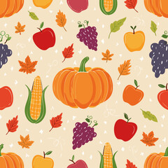 Seamless pattern with pumpkins, apples, grapes, corn, and leaves. Ideal for fall, Thanksgiving, and seasonal designs