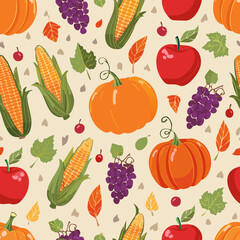 Seamless pattern with pumpkins, apples, grapes, corn, and leaves. Ideal for fall, Thanksgiving, and seasonal designs