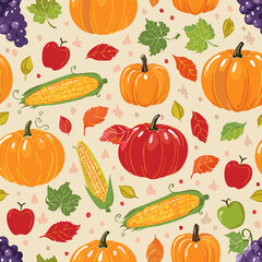 Seamless pattern with pumpkins, apples, grapes, corn, and leaves. Ideal for fall, Thanksgiving, and seasonal designs