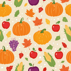 Seamless pattern with pumpkins, apples, grapes, corn, and leaves. Ideal for fall, Thanksgiving, and seasonal designs