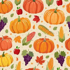 Seamless pattern with pumpkins, apples, grapes, corn, and leaves. Ideal for fall, Thanksgiving, and seasonal designs
