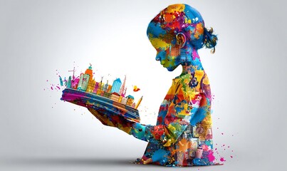 KOLOROWA, ABSTRAKCYJNA SYLWETKA DZIECKA CZYTAJĄCEGO KSIĄŻKĘ