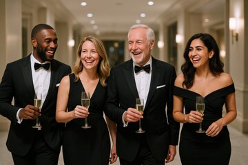 Obraz na płótnie Canvas Diverse Group Enjoys Champagne at Formal Event: Celebrating Together in Elegant Attire