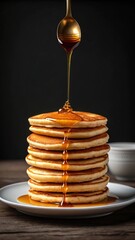 Golden honey drizzling onto a tall stack of fluffy pancakes on a white plate