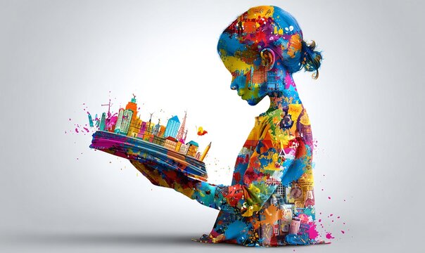 Fototapeta KOLOROWA, ABSTRAKCYJNA SYLWETKA DZIECKA CZYTAJĄCEGO KSIĄŻKĘ