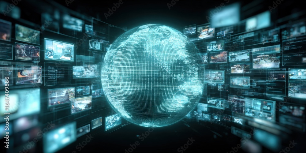Poster global technology network concept with screens displaying information, abstract communication and gl