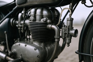 Vintage Motorcycle Engine Detail: Close-Up of a Classic Motorbike Mechanical Components, Chrome and Steel