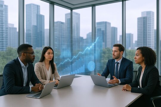 Diverse Business Team Meeting Analyzing Growth Charts in Modern Office with City View
