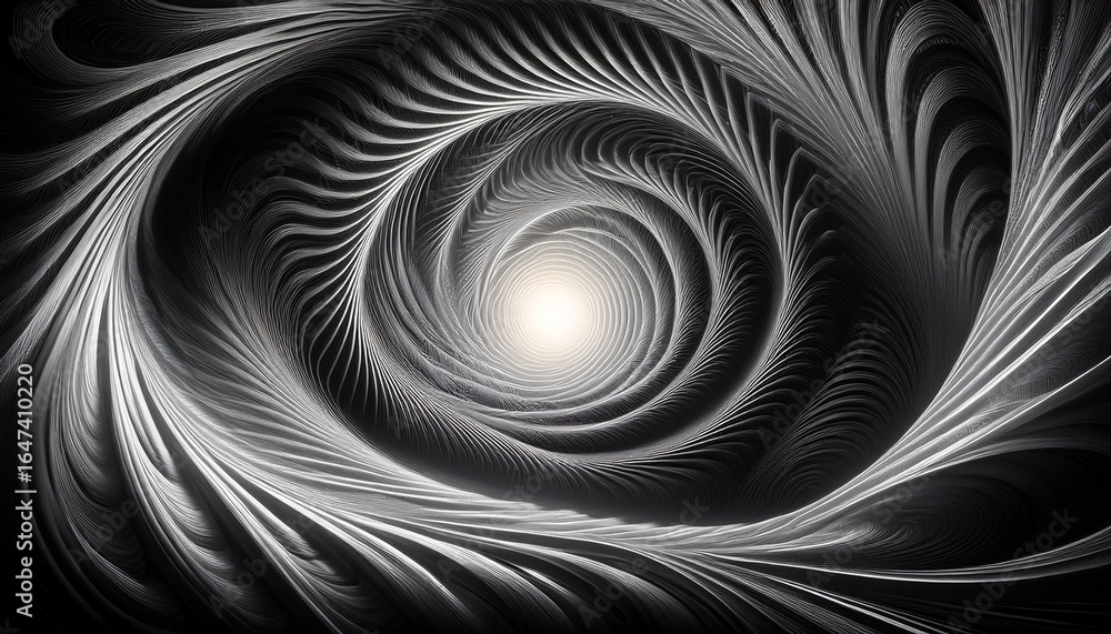 Poster abstract black and white spiral vortex made of numerous small dots converging towards a bright centr