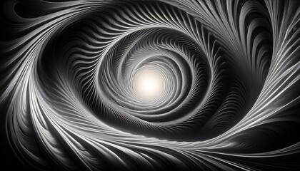 Naklejka premium abstract black and white spiral vortex made of numerous small dots converging towards a bright central light creating a sense of depth and infinity