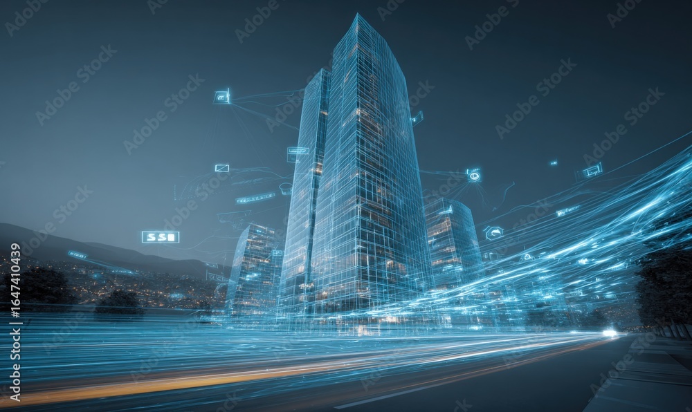 Poster futuristic cityscape with digital network overlay: modern architecture and technology convergence at