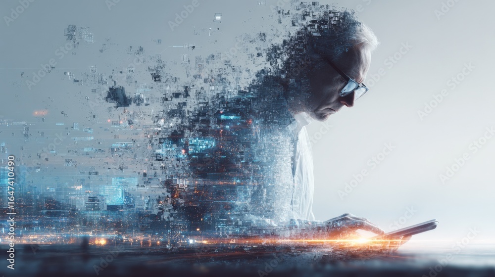 Poster senior man's digital transformation: conceptual image of technology integration and data disruption 