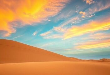 Obraz premium Golden light paints Maspalomas dunes at sunrise, vibrant sky hues reflected in the sand, serene, awe-inspiring