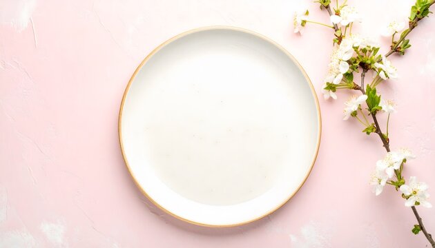 World Food Day concept with a clean white plate and spring flowers, a top-down flatlay on a pink background. - Powered by Adobe