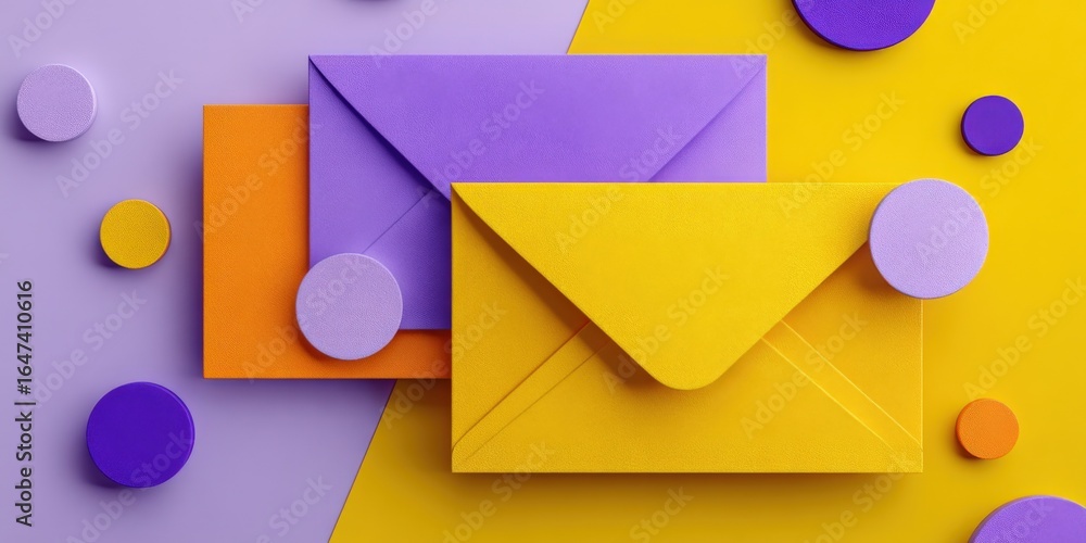 Poster vibrant colorful envelopes with geometric shapes arranged in a visually appealing composition for ma