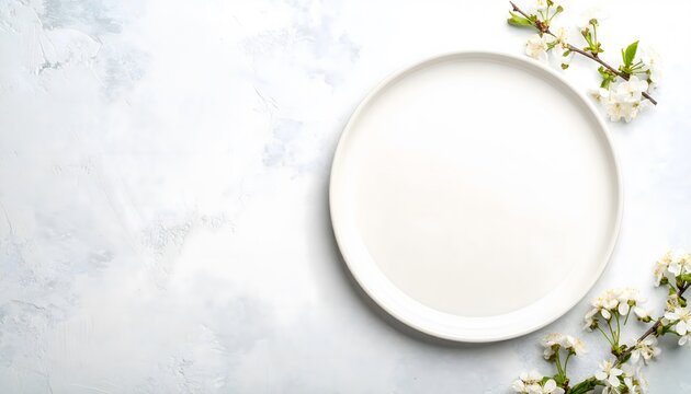 An empty white ceramic plate with cherry blossoms on a light table, a thoughtful concept for World Food Day.