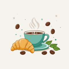 Vector illustration of a coffee cup with steam, croissant, and coffee beans on a light background. Perfect for café and breakfast designs