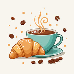 Vector illustration of a coffee cup with steam, croissant, and coffee beans on a light background. Perfect for café and breakfast designs