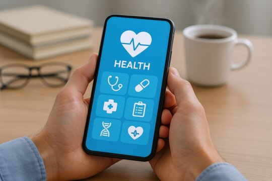 Healthcare App on Smartphone Displayed in Hand, Featuring Medical Icons and Blue Interface for Modern Health Solutions
