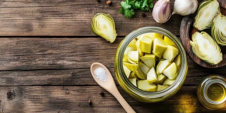 Marinated artichokes in a glass jar sit on a wooden table with a spoon of salt and fresh herbs nearby. Concept: ingredients, cooking, freshness, marination