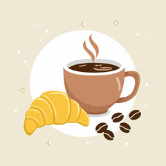 Vector illustration of a coffee cup with steam, croissant, and coffee beans on a light background. Perfect for café and breakfast designs