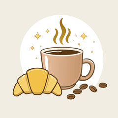 Vector illustration of a coffee cup with steam, croissant, and coffee beans on a light background. Perfect for café and breakfast designs