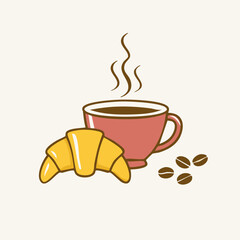 Vector illustration of a coffee cup with steam, croissant, and coffee beans on a light background. Perfect for café and breakfast designs