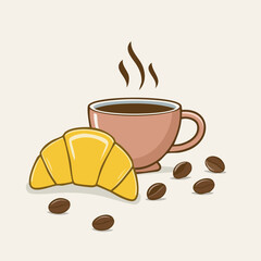 Vector illustration of a coffee cup with steam, croissant, and coffee beans on a light background. Perfect for café and breakfast designs