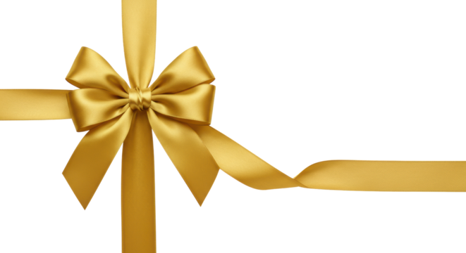 A perfectly tied, flawless golden satin ribbon bow with elegant sheen, on a bright transparent background with soft studio light, symbol of premium value and achievement
