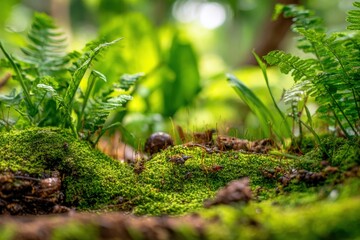 Obraz premium Lush Green Moss and Ferns in a Natural Forest Setting, Capturing the Beauty of Nature