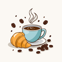 Vector illustration of a coffee cup with steam, croissant, and coffee beans on a light background. Perfect for café and breakfast designs