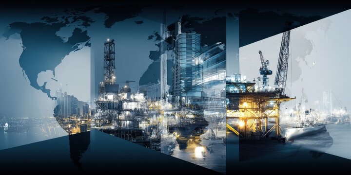 Global Energy Industry Composite: Oil Rigs, Cityscapes, and World Map for Business and Industrial Solutions