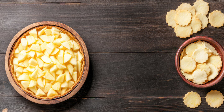 A round pie filled with apple slices is on a wooden surface, next to a bowl of round cookies. Dessert and baking concept
