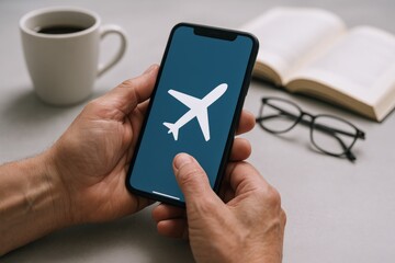 Booking a Flight Online: Hands Holding Smartphone with Airplane Icon, Travel Concept with Accessories