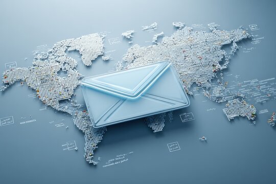 Global Communication Concept: Glass Envelope on World Map, Representing International Email and Correspondence